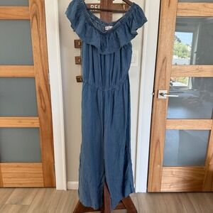 Magnolia Skye Blue Tencel Off Shoulder Ruffle Wide Leg Jumpsuit Women's XL EUC